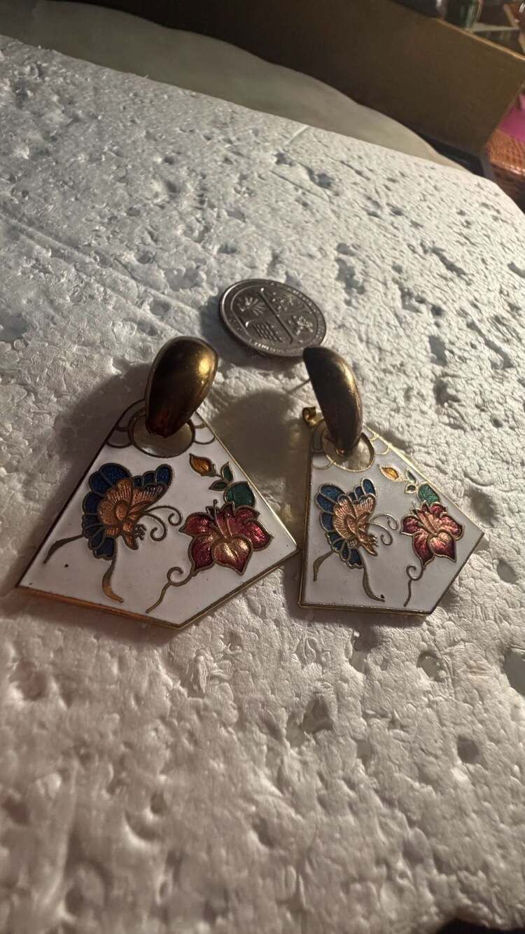 Vintage Cloisonne Enamel Fan Shaped Butterfly Flower Post Gold Tone Earrings